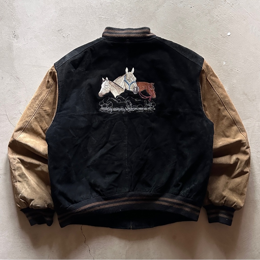 vintage 90s western suede black brown embroidered varsity jacket